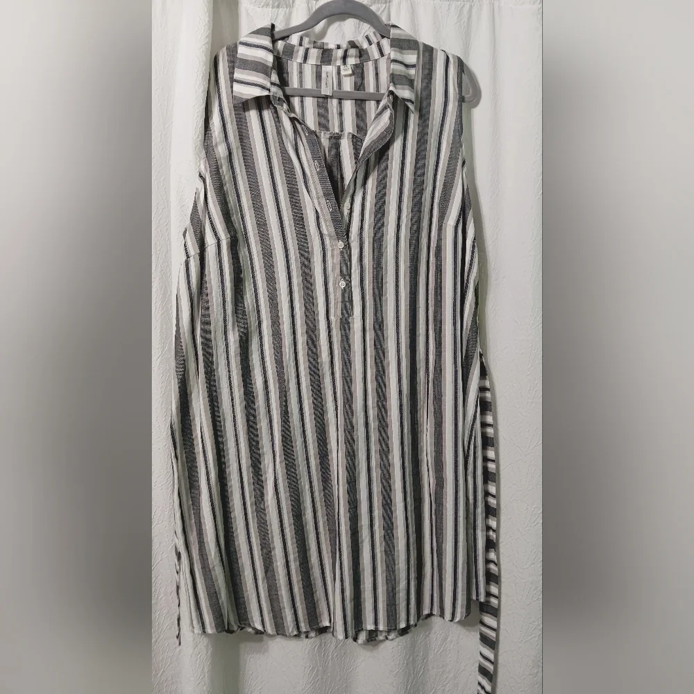 Tacera 100% Cotton Midi Dress Striped White/ Gray Size 2X Button Down